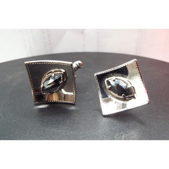Vintage 3pc Set Anson Sterling Silver Black Onyx Cufflinks & Tie Clip - Picture 4 of 9